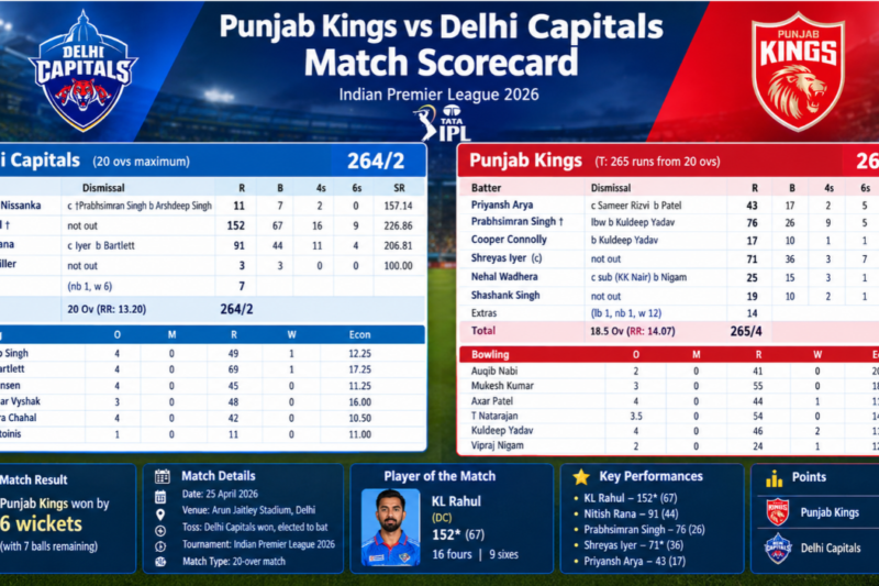 Punjab Kings vs Delhi Capitals Match Scorecard: IPL 2026 Full Scorecard and Match Details