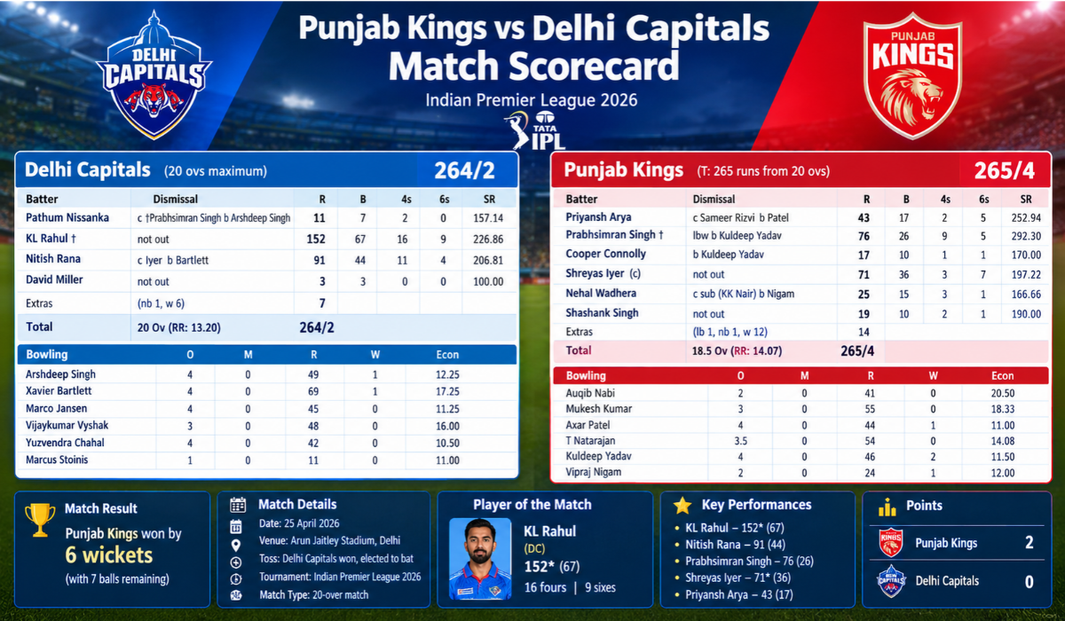 Punjab Kings vs Delhi Capitals Match Scorecard